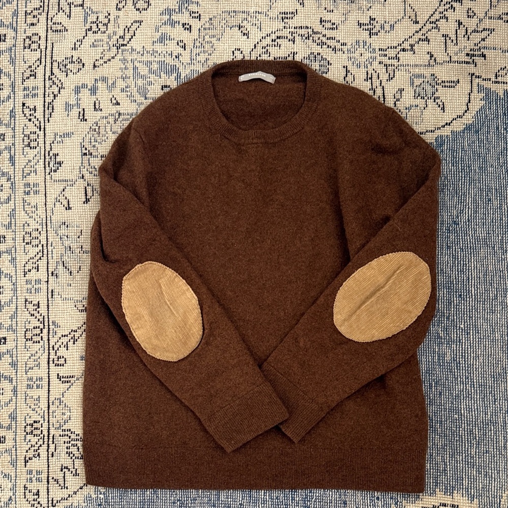 Everlane Chocolate Brown Cashmere Sweater with Beige Elbow Patches